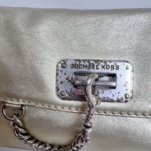 Vintage Michael Kors Fulton Gold Leather Shoulder Bag Silver Chain Purse - Picture 7 of 11
